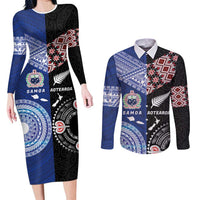 Personalised Aotearoa and Samoa Together Couples Matching Long Sleeve Bodycon Dress and Long Sleeve Button Shirt Tatau Art Tattoos-Taniko and Tukutuku with Maori Pattern LT03 Black - Polynesian Pride