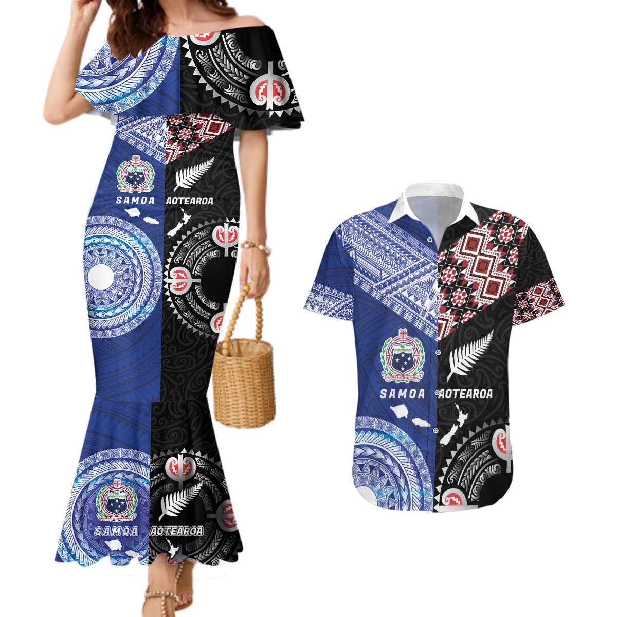 Personalised Aotearoa and Samoa Together Couples Matching Mermaid Dress and Hawaiian Shirt Tatau Art Tattoos-Taniko and Tukutuku with Maori Pattern LT03 Black - Polynesian Pride