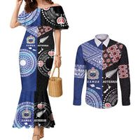 Personalised Aotearoa and Samoa Together Couples Matching Mermaid Dress and Long Sleeve Button Shirt Tatau Art Tattoos-Taniko and Tukutuku with Maori Pattern LT03 Black - Polynesian Pride