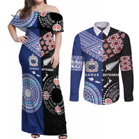 Personalised Aotearoa and Samoa Together Couples Matching Off Shoulder Maxi Dress and Long Sleeve Button Shirt Tatau Art Tattoos-Taniko and Tukutuku with Maori Pattern LT03 Black - Polynesian Pride