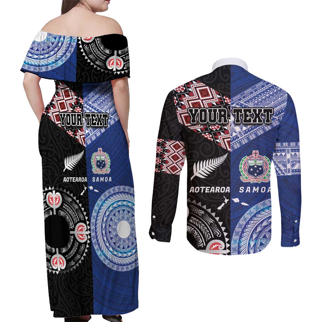 Personalised Aotearoa and Samoa Together Couples Matching Off Shoulder Maxi Dress and Long Sleeve Button Shirt Tatau Art Tattoos-Taniko and Tukutuku with Maori Pattern LT03 - Polynesian Pride