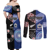 Personalised Aotearoa and Samoa Together Couples Matching Off Shoulder Maxi Dress and Long Sleeve Button Shirt Tatau Art Tattoos-Taniko and Tukutuku with Maori Pattern LT03 - Polynesian Pride