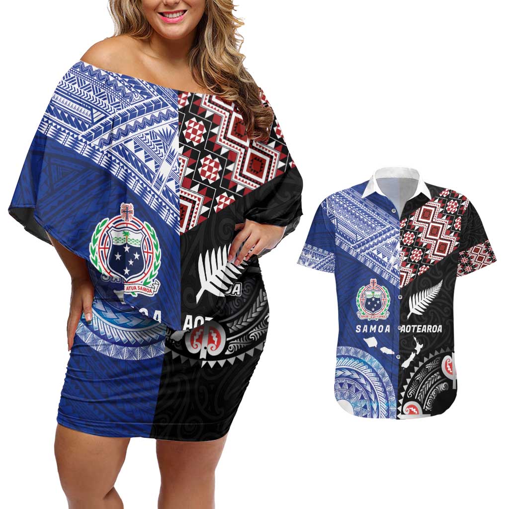 Personalised Aotearoa and Samoa Together Couples Matching Off Shoulder Short Dress and Hawaiian Shirt Tatau Art Tattoos-Taniko and Tukutuku with Maori Pattern LT03 Black - Polynesian Pride