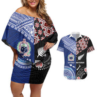 Personalised Aotearoa and Samoa Together Couples Matching Off Shoulder Short Dress and Hawaiian Shirt Tatau Art Tattoos-Taniko and Tukutuku with Maori Pattern LT03 Black - Polynesian Pride