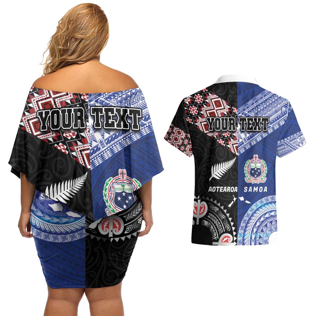 Personalised Aotearoa and Samoa Together Couples Matching Off Shoulder Short Dress and Hawaiian Shirt Tatau Art Tattoos-Taniko and Tukutuku with Maori Pattern LT03 - Polynesian Pride