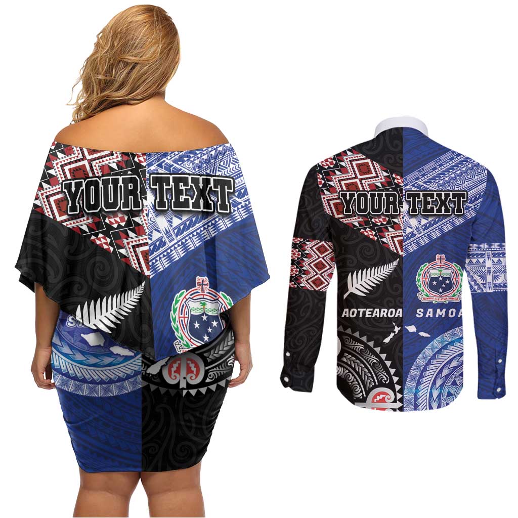 Personalised Aotearoa and Samoa Together Couples Matching Off Shoulder Short Dress and Long Sleeve Button Shirt Tatau Art Tattoos-Taniko and Tukutuku with Maori Pattern LT03 - Polynesian Pride