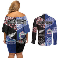 Personalised Aotearoa and Samoa Together Couples Matching Off Shoulder Short Dress and Long Sleeve Button Shirt Tatau Art Tattoos-Taniko and Tukutuku with Maori Pattern LT03 - Polynesian Pride