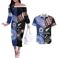 Personalised Aotearoa and Samoa Together Couples Matching Off The Shoulder Long Sleeve Dress and Hawaiian Shirt Tatau Art Tattoos-Taniko and Tukutuku with Maori Pattern LT03 Black - Polynesian Pride