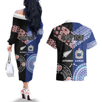 Personalised Aotearoa and Samoa Together Couples Matching Off The Shoulder Long Sleeve Dress and Hawaiian Shirt Tatau Art Tattoos-Taniko and Tukutuku with Maori Pattern LT03 - Polynesian Pride