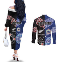 Personalised Aotearoa and Samoa Together Couples Matching Off The Shoulder Long Sleeve Dress and Long Sleeve Button Shirt Tatau Art Tattoos-Taniko and Tukutuku with Maori Pattern LT03 - Polynesian Pride