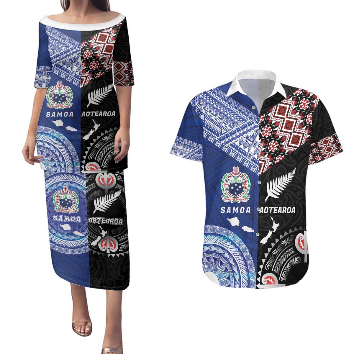 Personalised Aotearoa and Samoa Together Couples Matching Puletasi and Hawaiian Shirt Tatau Art Tattoos-Taniko and Tukutuku with Maori Pattern LT03 Black - Polynesian Pride