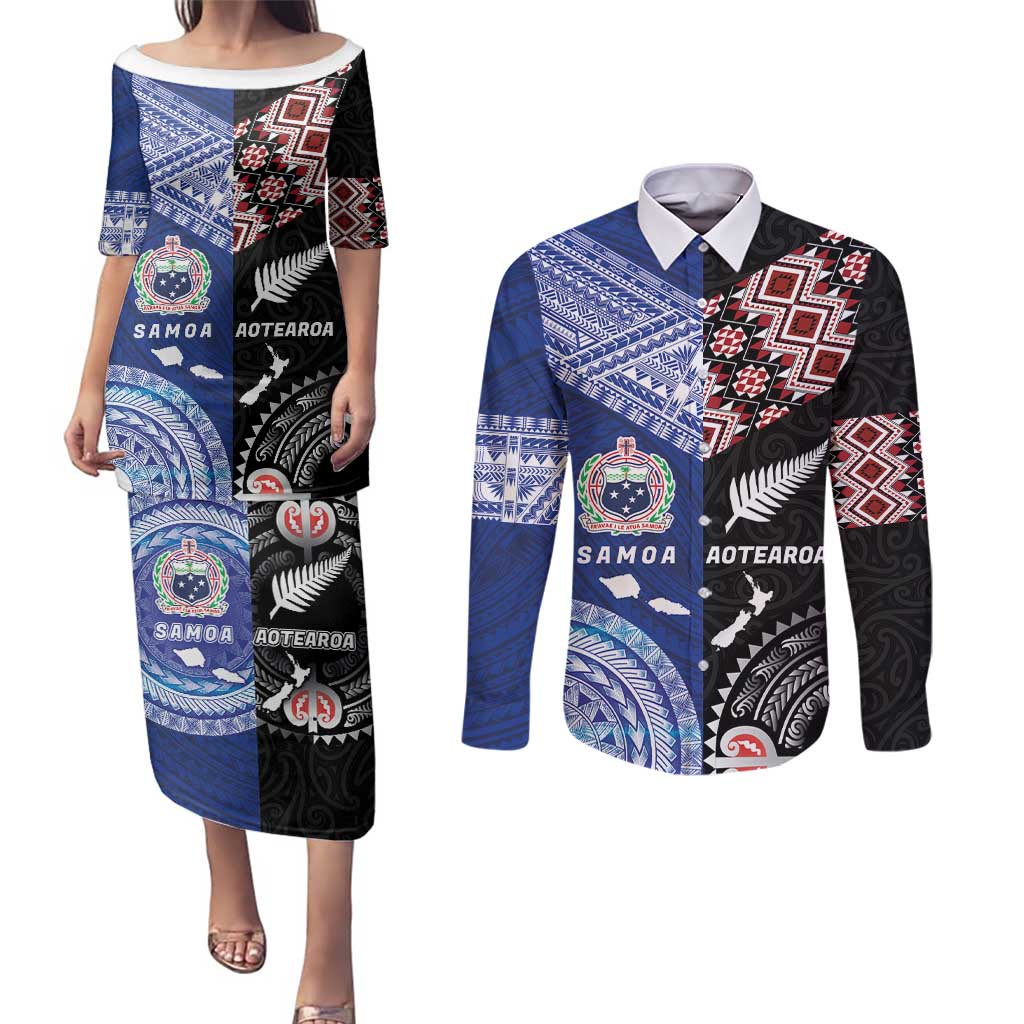 Personalised Aotearoa and Samoa Together Couples Matching Puletasi and Long Sleeve Button Shirt Tatau Art Tattoos-Taniko and Tukutuku with Maori Pattern LT03 Black - Polynesian Pride