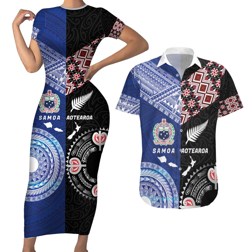 Personalised Aotearoa and Samoa Together Couples Matching Short Sleeve Bodycon Dress and Hawaiian Shirt Tatau Art Tattoos-Taniko and Tukutuku with Maori Pattern LT03 Black - Polynesian Pride