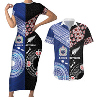 Personalised Aotearoa and Samoa Together Couples Matching Short Sleeve Bodycon Dress and Hawaiian Shirt Tatau Art Tattoos-Taniko and Tukutuku with Maori Pattern LT03 Black - Polynesian Pride