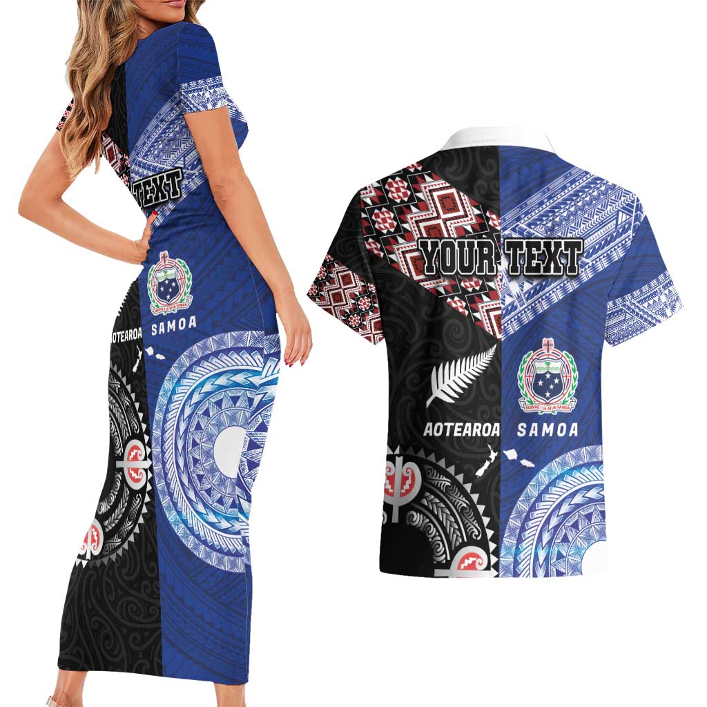 Personalised Aotearoa and Samoa Together Couples Matching Short Sleeve Bodycon Dress and Hawaiian Shirt Tatau Art Tattoos-Taniko and Tukutuku with Maori Pattern LT03 - Polynesian Pride