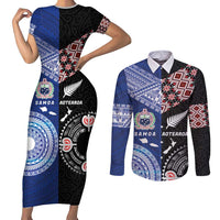 Personalised Aotearoa and Samoa Together Couples Matching Short Sleeve Bodycon Dress and Long Sleeve Button Shirt Tatau Art Tattoos-Taniko and Tukutuku with Maori Pattern LT03 Black - Polynesian Pride