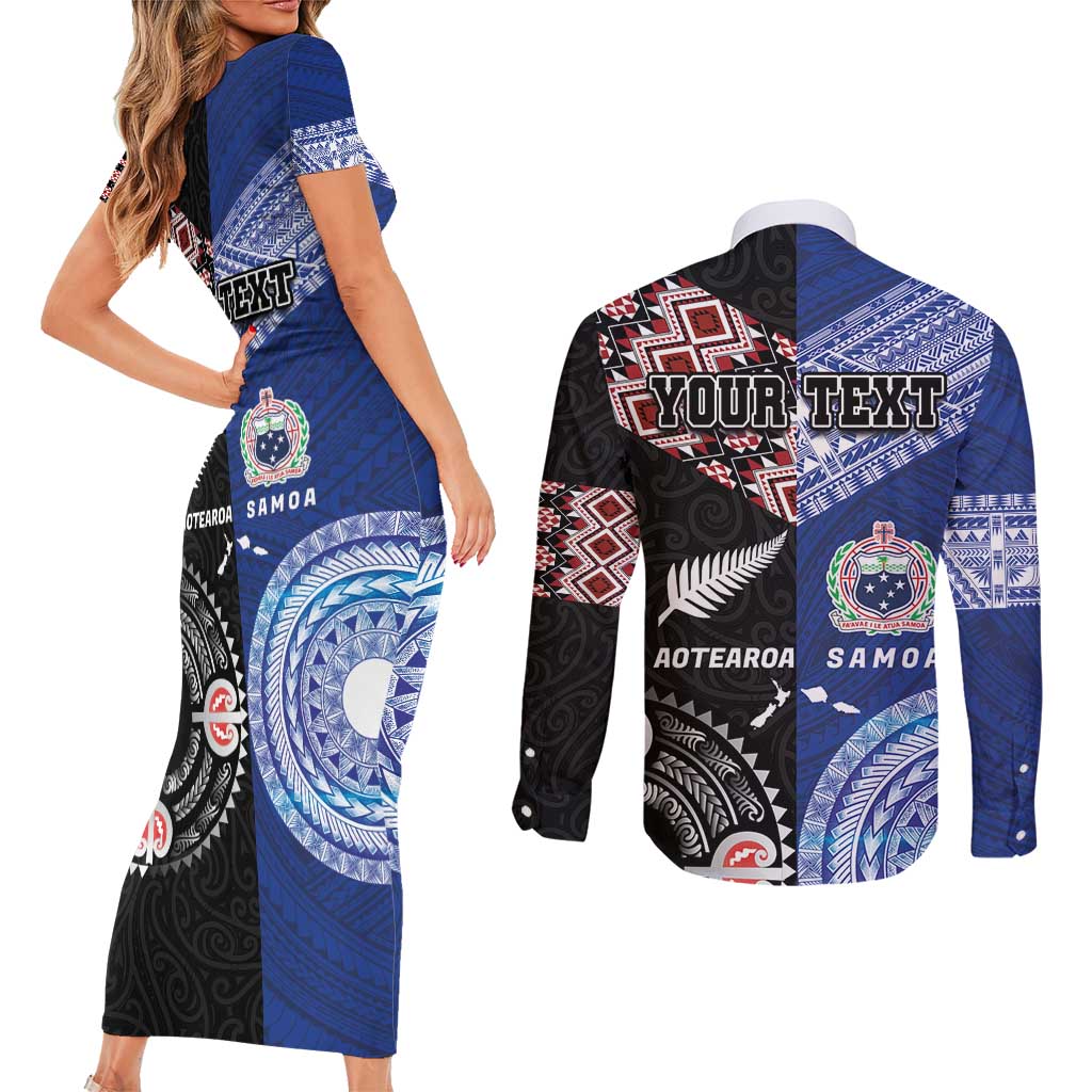Personalised Aotearoa and Samoa Together Couples Matching Short Sleeve Bodycon Dress and Long Sleeve Button Shirt Tatau Art Tattoos-Taniko and Tukutuku with Maori Pattern LT03 - Polynesian Pride