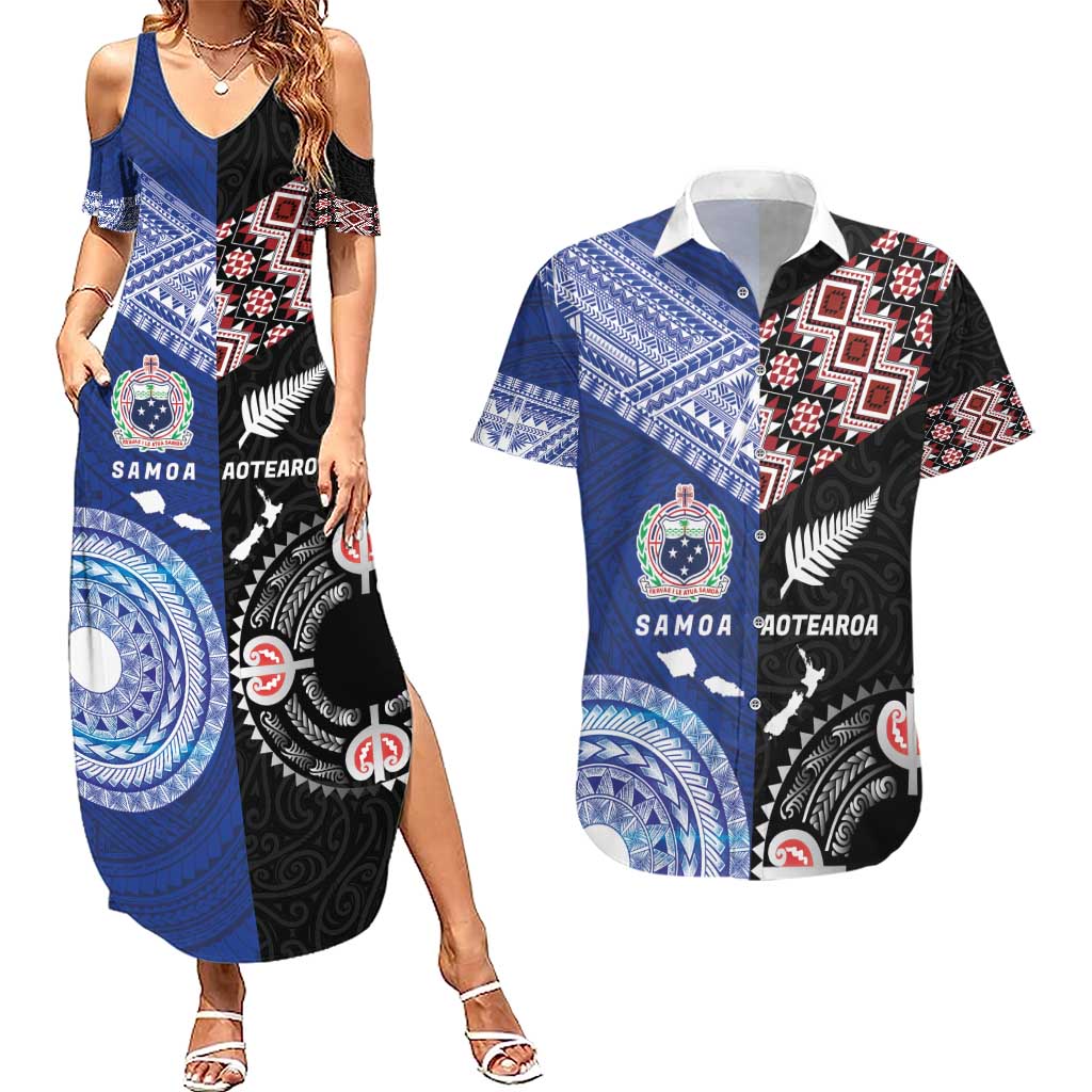 Personalised Aotearoa and Samoa Together Couples Matching Summer Maxi Dress and Hawaiian Shirt Tatau Art Tattoos-Taniko and Tukutuku with Maori Pattern LT03 Black - Polynesian Pride