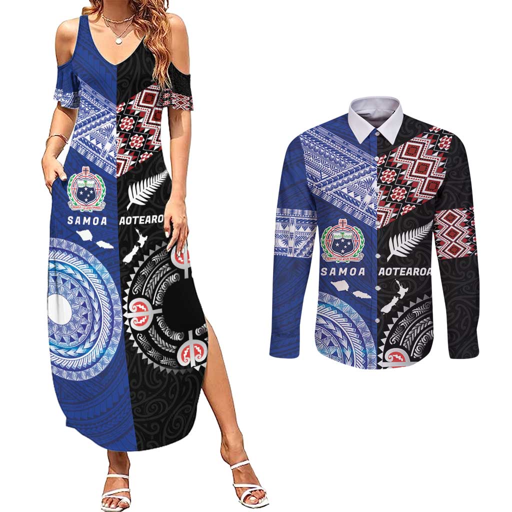 Personalised Aotearoa and Samoa Together Couples Matching Summer Maxi Dress and Long Sleeve Button Shirt Tatau Art Tattoos-Taniko and Tukutuku with Maori Pattern LT03 Black - Polynesian Pride