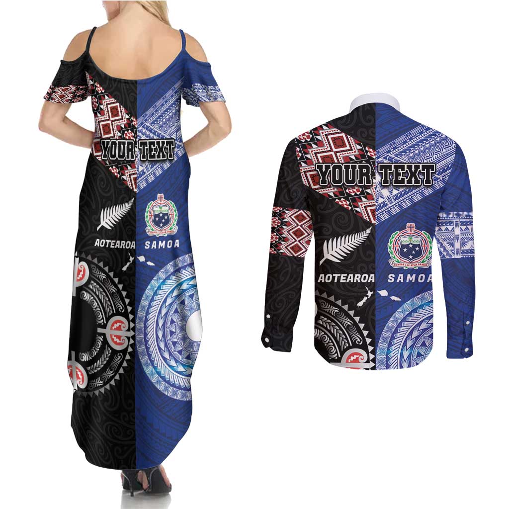 Personalised Aotearoa and Samoa Together Couples Matching Summer Maxi Dress and Long Sleeve Button Shirt Tatau Art Tattoos-Taniko and Tukutuku with Maori Pattern LT03 - Polynesian Pride