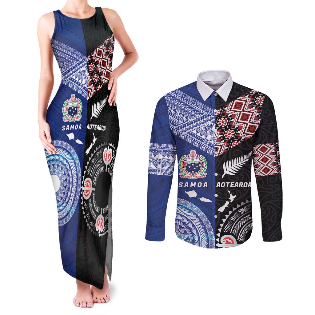 Personalised Aotearoa and Samoa Together Couples Matching Tank Maxi Dress and Long Sleeve Button Shirt Tatau Art Tattoos-Taniko and Tukutuku with Maori Pattern LT03 Black - Polynesian Pride