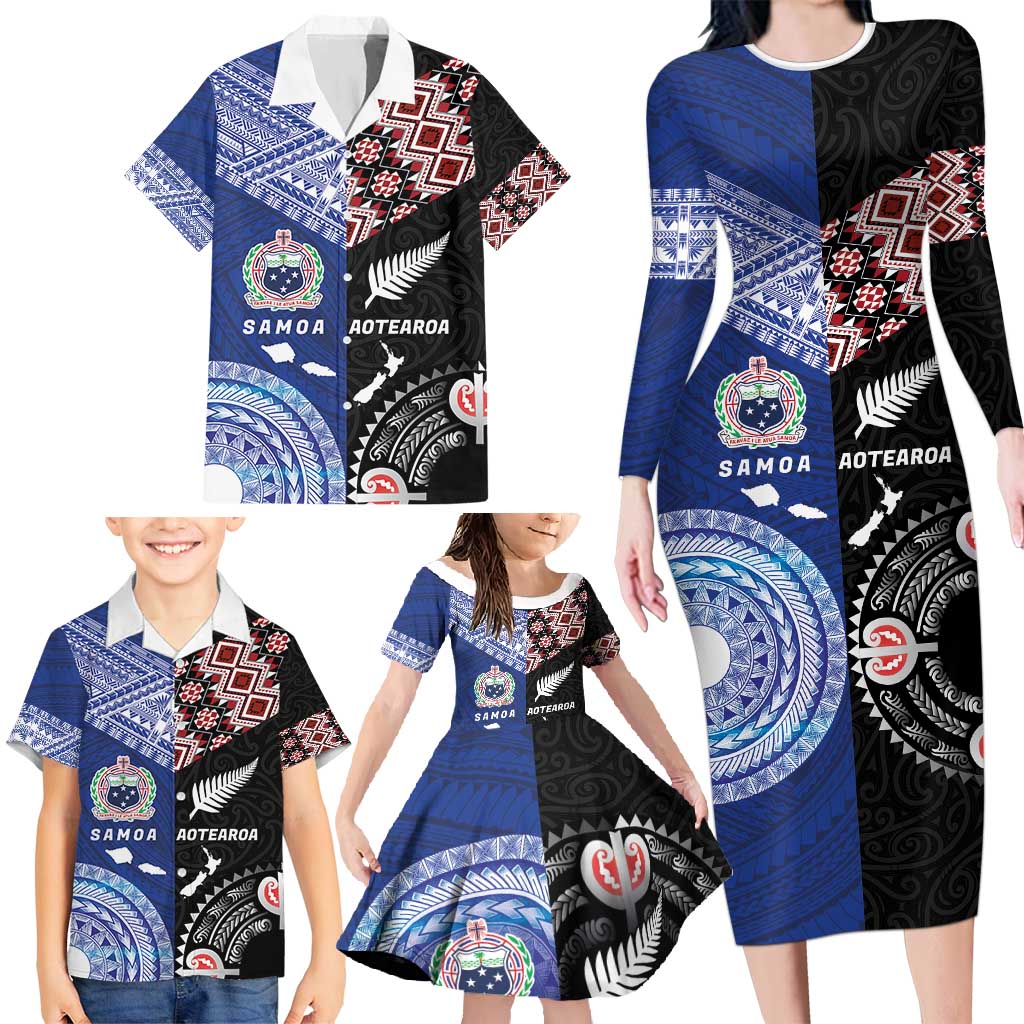 Personalised Aotearoa and Samoa Together Family Matching Long Sleeve Bodycon Dress and Hawaiian Shirt Tatau Art Tattoos-Taniko and Tukutuku with Maori Pattern LT03 - Polynesian Pride