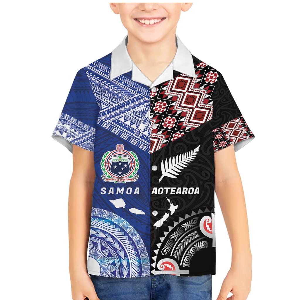 Personalised Aotearoa and Samoa Together Family Matching Mermaid Dress and Hawaiian Shirt Tatau Art Tattoos-Taniko and Tukutuku with Maori Pattern LT03 Son's Shirt Black - Polynesian Pride