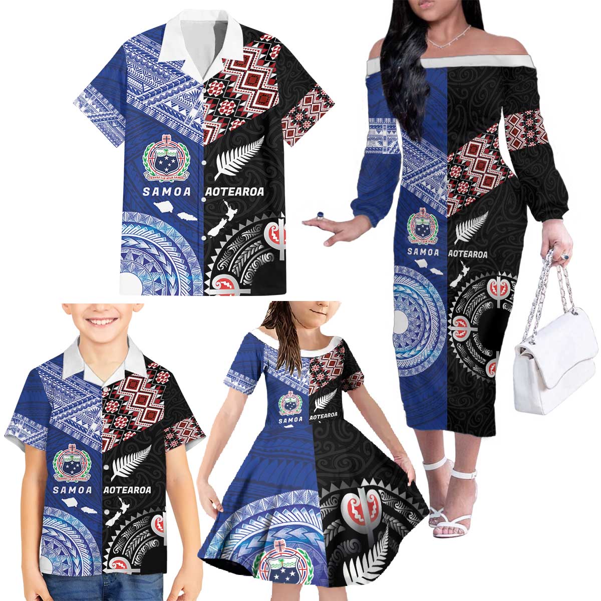 Personalised Aotearoa and Samoa Together Family Matching Off The Shoulder Long Sleeve Dress and Hawaiian Shirt Tatau Art Tattoos-Taniko and Tukutuku with Maori Pattern LT03 - Polynesian Pride