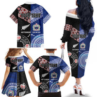 Personalised Aotearoa and Samoa Together Family Matching Off The Shoulder Long Sleeve Dress and Hawaiian Shirt Tatau Art Tattoos-Taniko and Tukutuku with Maori Pattern LT03 - Polynesian Pride