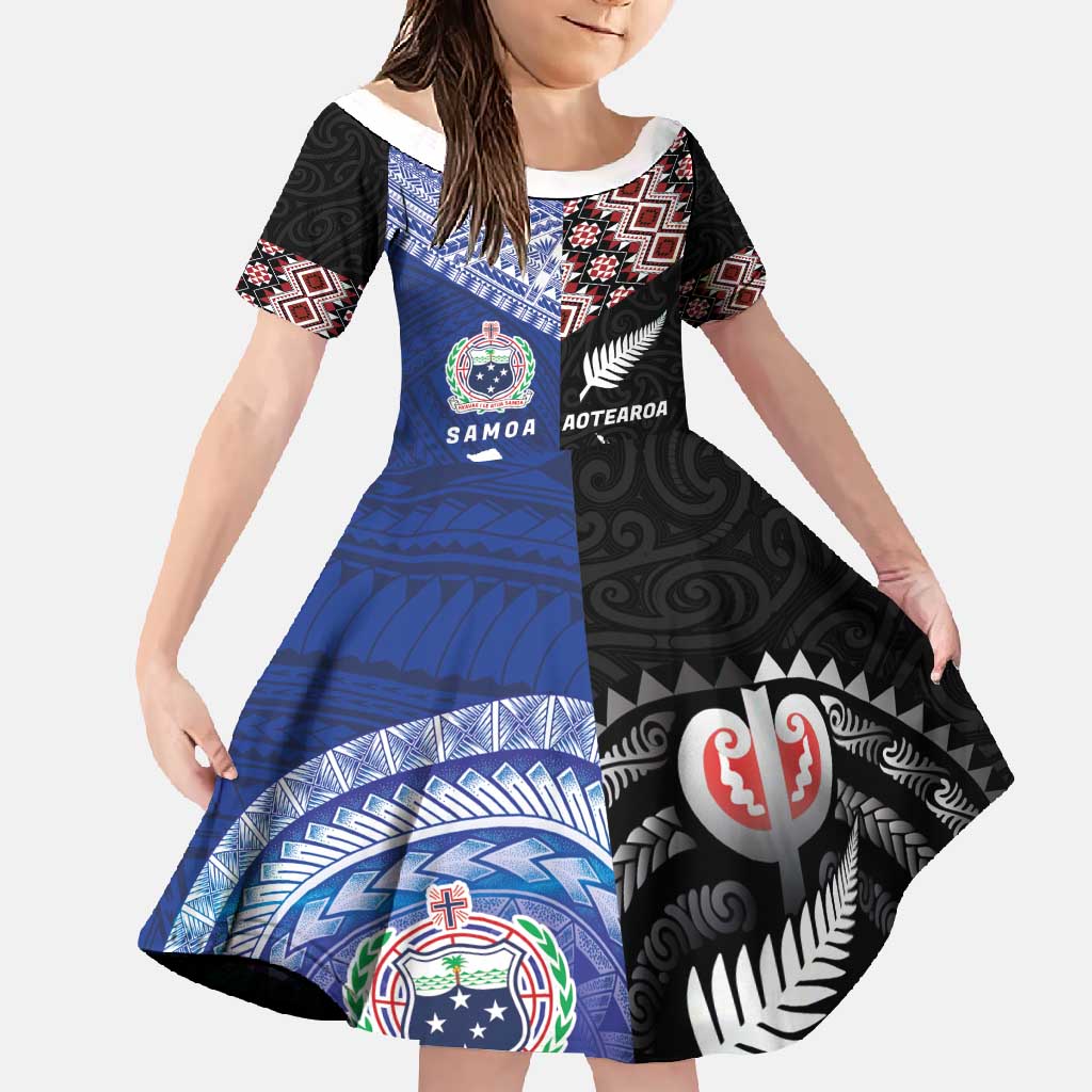 Personalised Aotearoa and Samoa Together Family Matching Off Shoulder Maxi Dress and Hawaiian Shirt Tatau Art Tattoos-Taniko and Tukutuku with Maori Pattern LT03 Daughter's Dress Black - Polynesian Pride