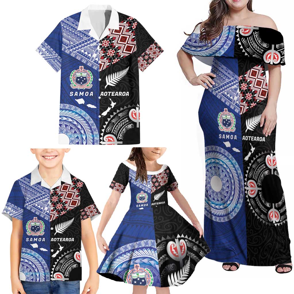 Personalised Aotearoa and Samoa Together Family Matching Off Shoulder Maxi Dress and Hawaiian Shirt Tatau Art Tattoos-Taniko and Tukutuku with Maori Pattern LT03 - Polynesian Pride