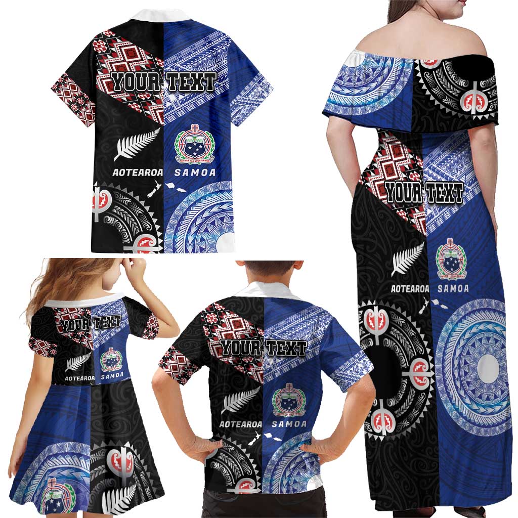Personalised Aotearoa and Samoa Together Family Matching Off Shoulder Maxi Dress and Hawaiian Shirt Tatau Art Tattoos-Taniko and Tukutuku with Maori Pattern LT03 - Polynesian Pride