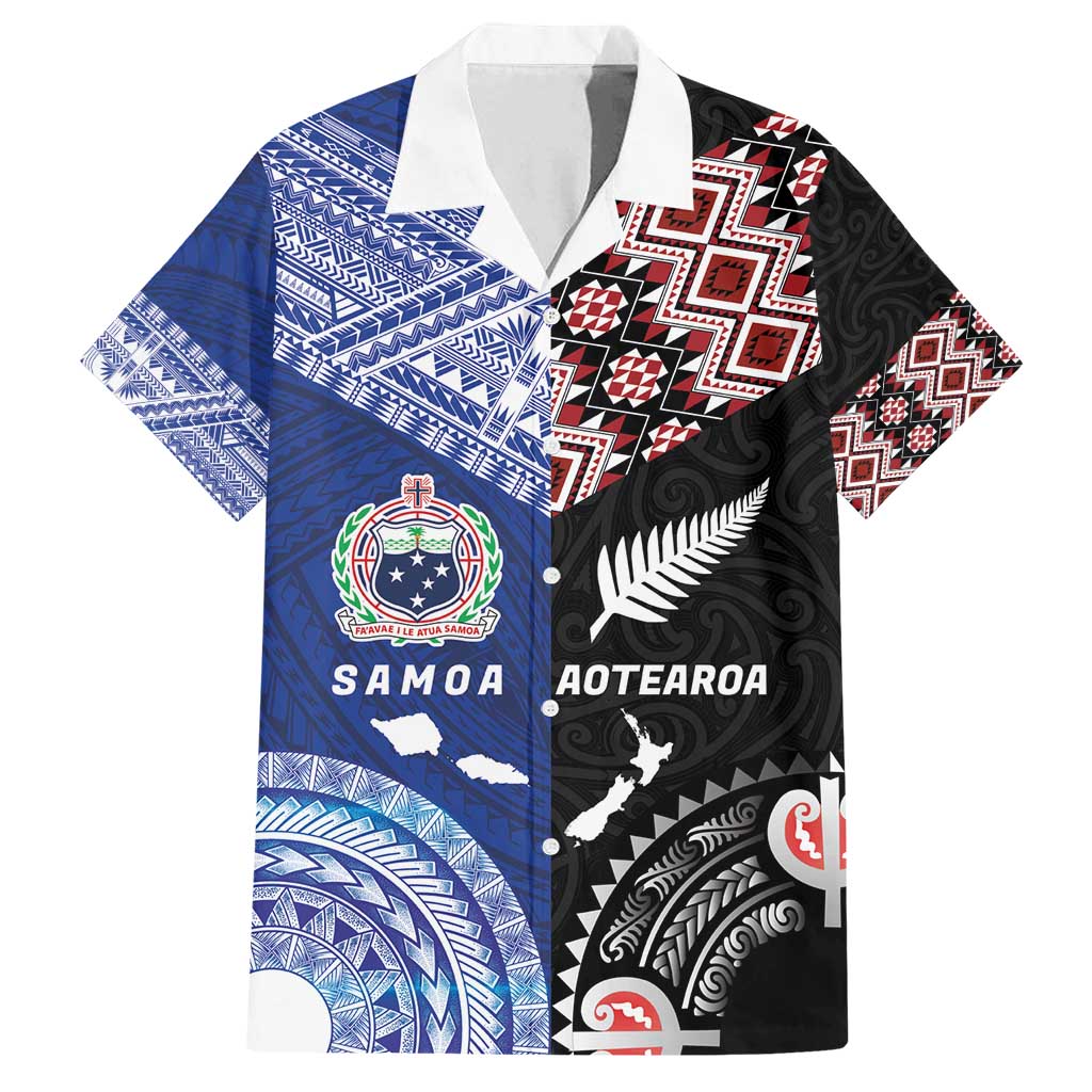 Personalised Aotearoa and Samoa Together Family Matching Puletasi and Hawaiian Shirt Tatau Art Tattoos-Taniko and Tukutuku with Maori Pattern LT03 Dad's Shirt - Short Sleeve Black - Polynesian Pride