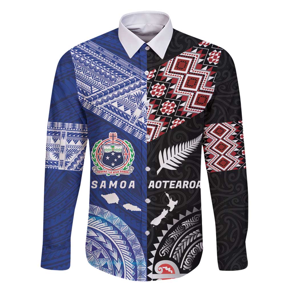 Personalised Aotearoa and Samoa Together Family Matching Summer Maxi Dress and Hawaiian Shirt Tatau Art Tattoos-Taniko and Tukutuku with Maori Pattern LT03 Dad's Shirt - Long Sleeve Black - Polynesian Pride