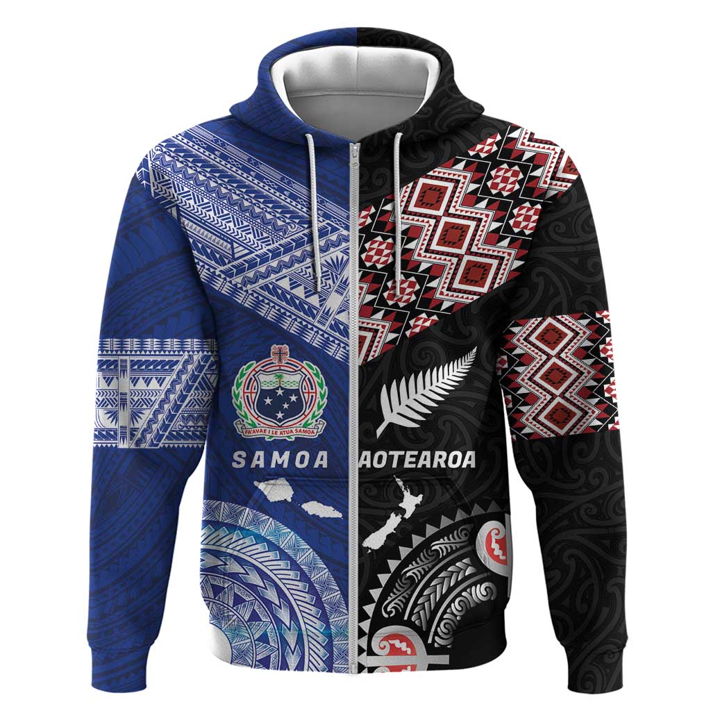 Personalised Aotearoa and Samoa Together Hoodie Tatau Art Tattoos-Taniko and Tukutuku with Maori Pattern LT03 Zip Hoodie Black - Polynesian Pride
