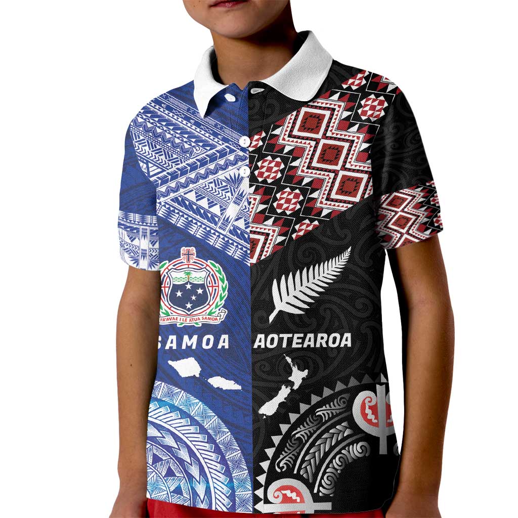 Personalised Aotearoa and Samoa Together Kid Polo Shirt Tatau Art Tattoos-Taniko and Tukutuku with Maori Pattern LT03 Kid Black - Polynesian Pride