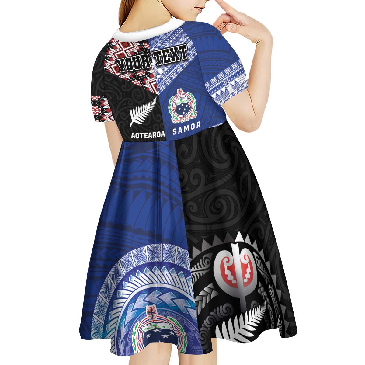 Personalised Aotearoa and Samoa Together Kid Short Sleeve Dress Tatau Art Tattoos-Taniko and Tukutuku with Maori Pattern LT03 - Polynesian Pride