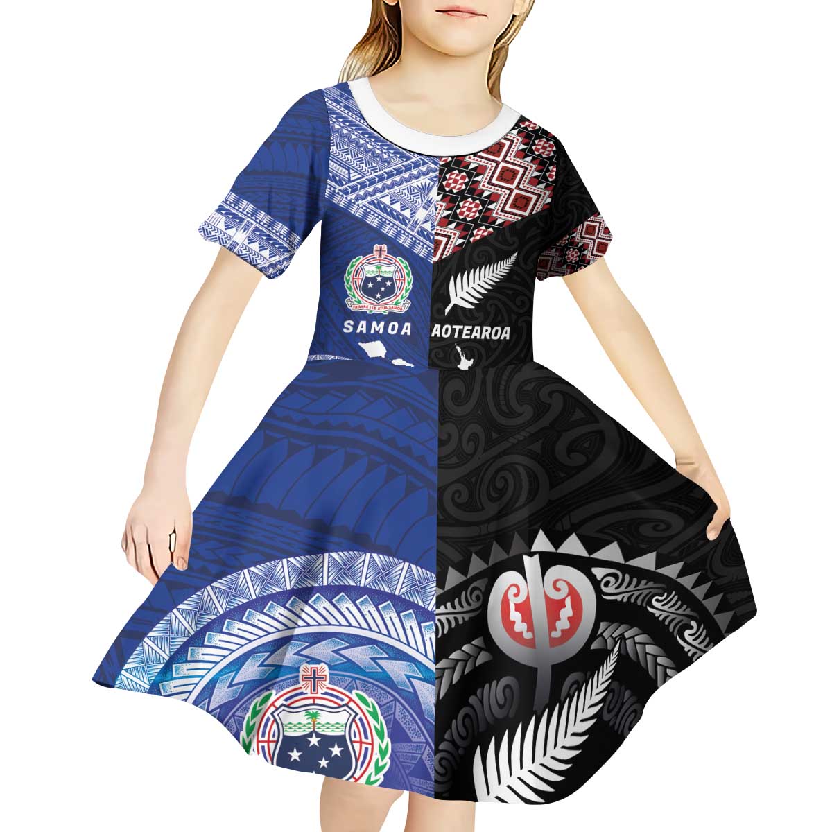 Personalised Aotearoa and Samoa Together Kid Short Sleeve Dress Tatau Art Tattoos-Taniko and Tukutuku with Maori Pattern LT03 - Polynesian Pride