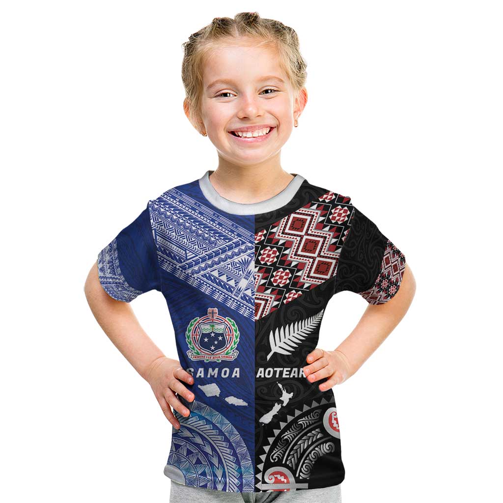 Personalised Aotearoa and Samoa Together Kid T Shirt Tatau Art Tattoos-Taniko and Tukutuku with Maori Pattern LT03 Black - Polynesian Pride