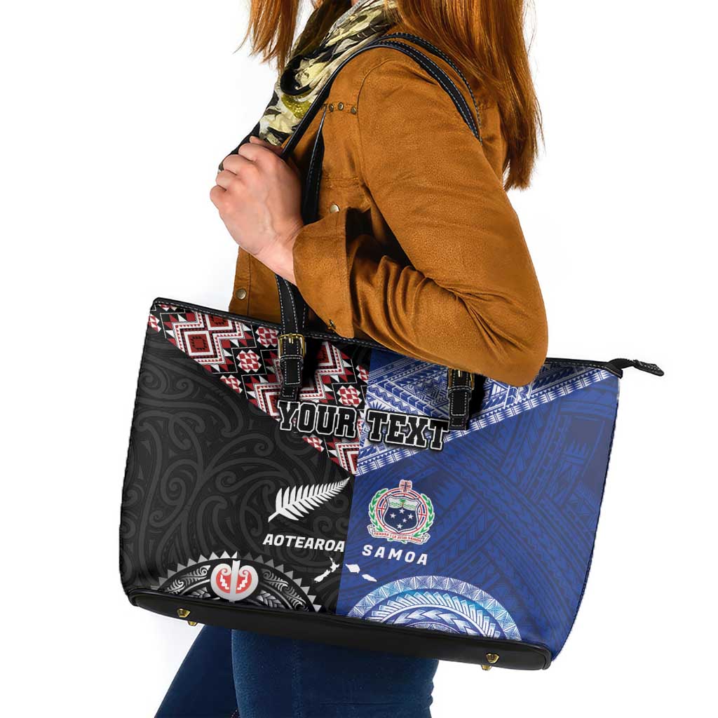 Personalised Aotearoa and Samoa Together Leather Tote Bag Tatau Art Tattoos-Taniko and Tukutuku with Maori Pattern