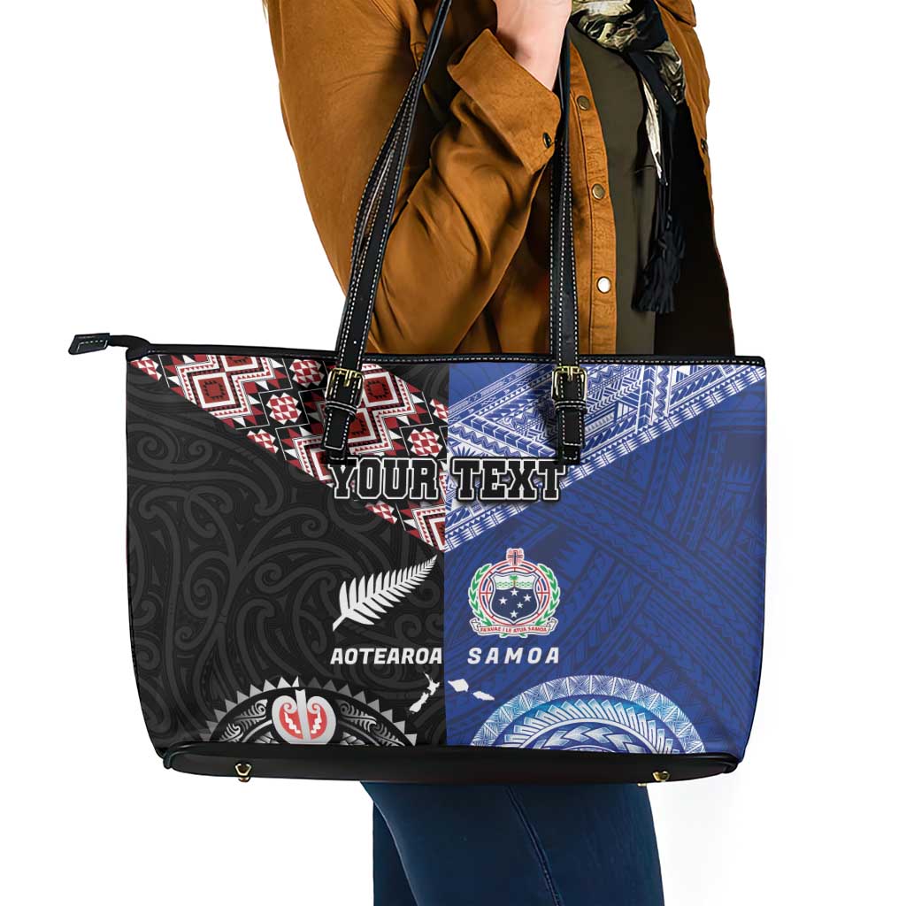 Personalised Aotearoa and Samoa Together Leather Tote Bag Tatau Art Tattoos-Taniko and Tukutuku with Maori Pattern