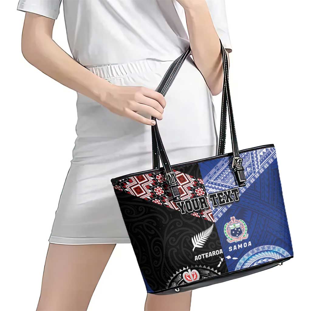 Personalised Aotearoa and Samoa Together Leather Tote Bag Tatau Art Tattoos-Taniko and Tukutuku with Maori Pattern