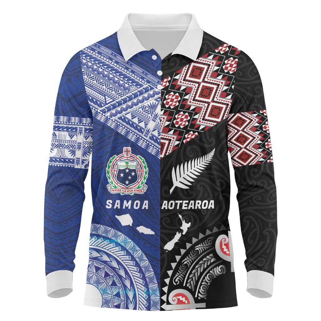 Personalised Aotearoa and Samoa Together Long Sleeve Polo Shirt Tatau Art Tattoos-Taniko and Tukutuku with Maori Pattern LT03 Black - Polynesian Pride