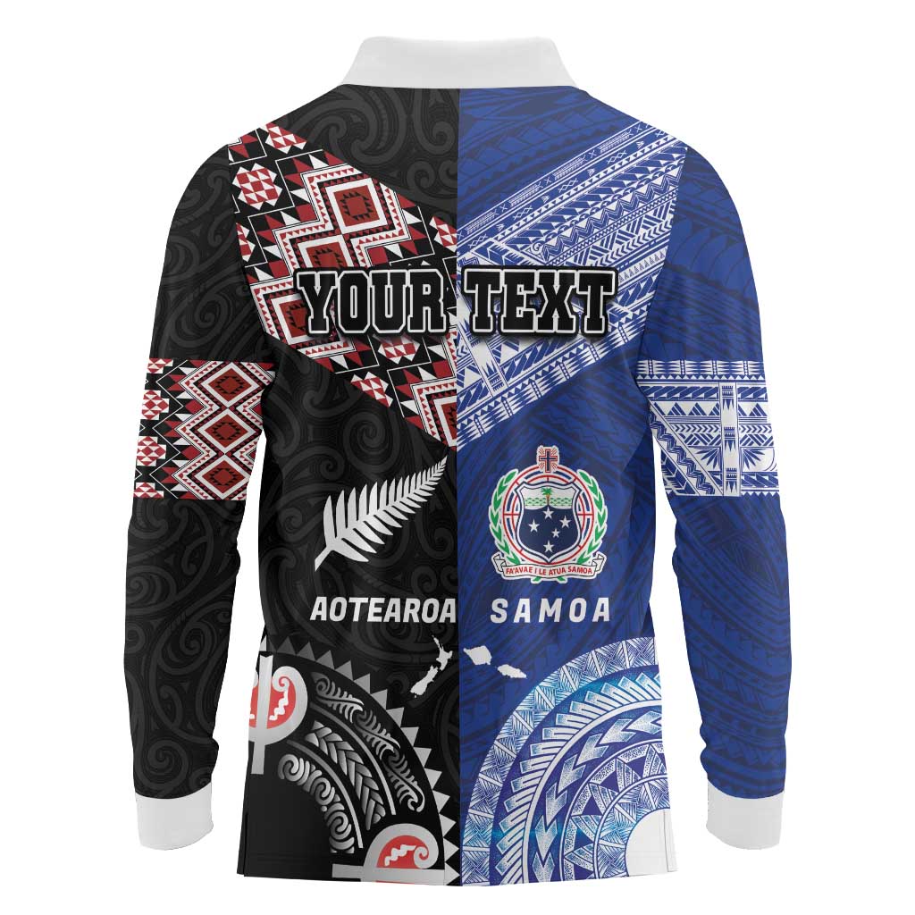 Personalised Aotearoa and Samoa Together Long Sleeve Polo Shirt Tatau Art Tattoos-Taniko and Tukutuku with Maori Pattern LT03 - Polynesian Pride
