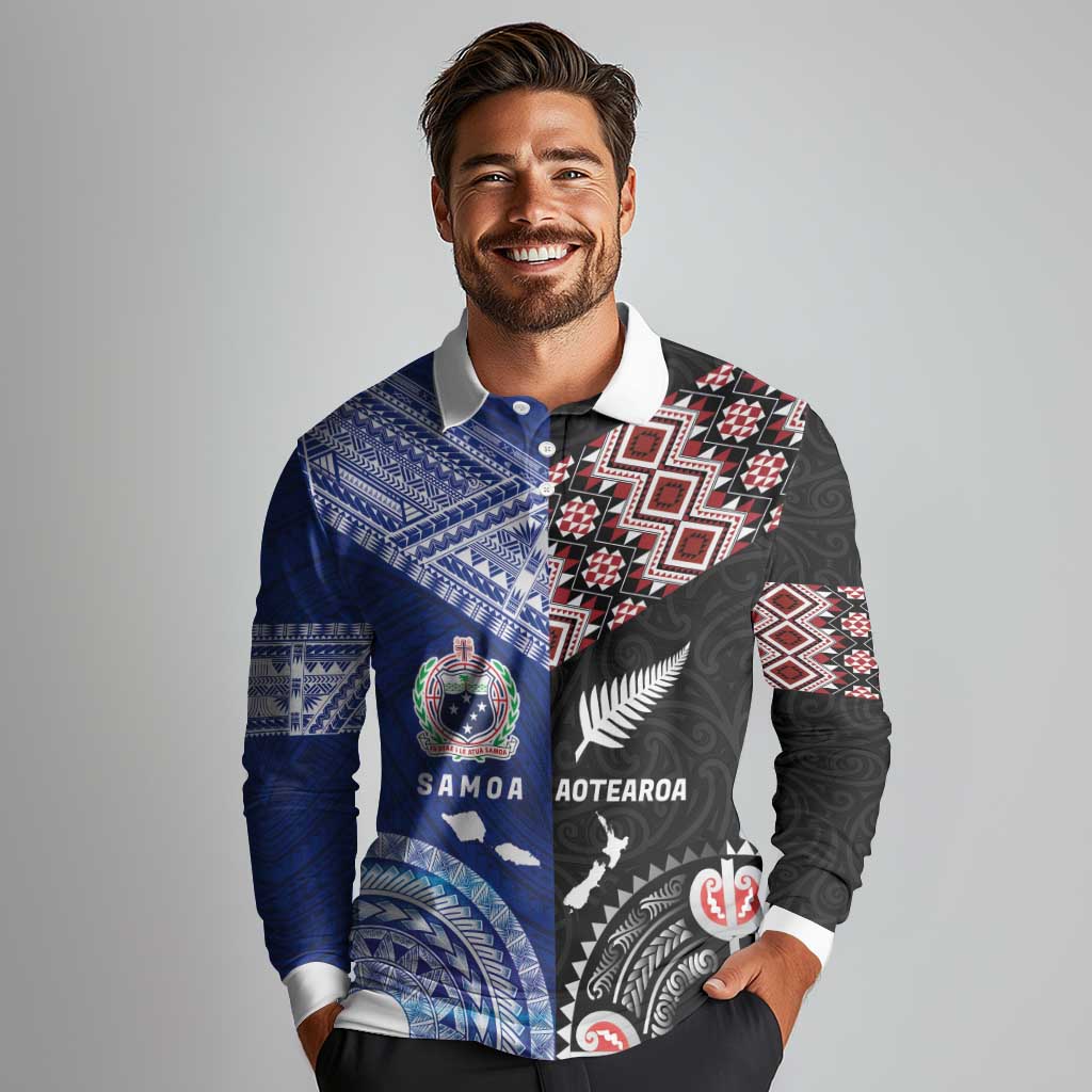 Personalised Aotearoa and Samoa Together Long Sleeve Polo Shirt Tatau Art Tattoos-Taniko and Tukutuku with Maori Pattern LT03 - Polynesian Pride
