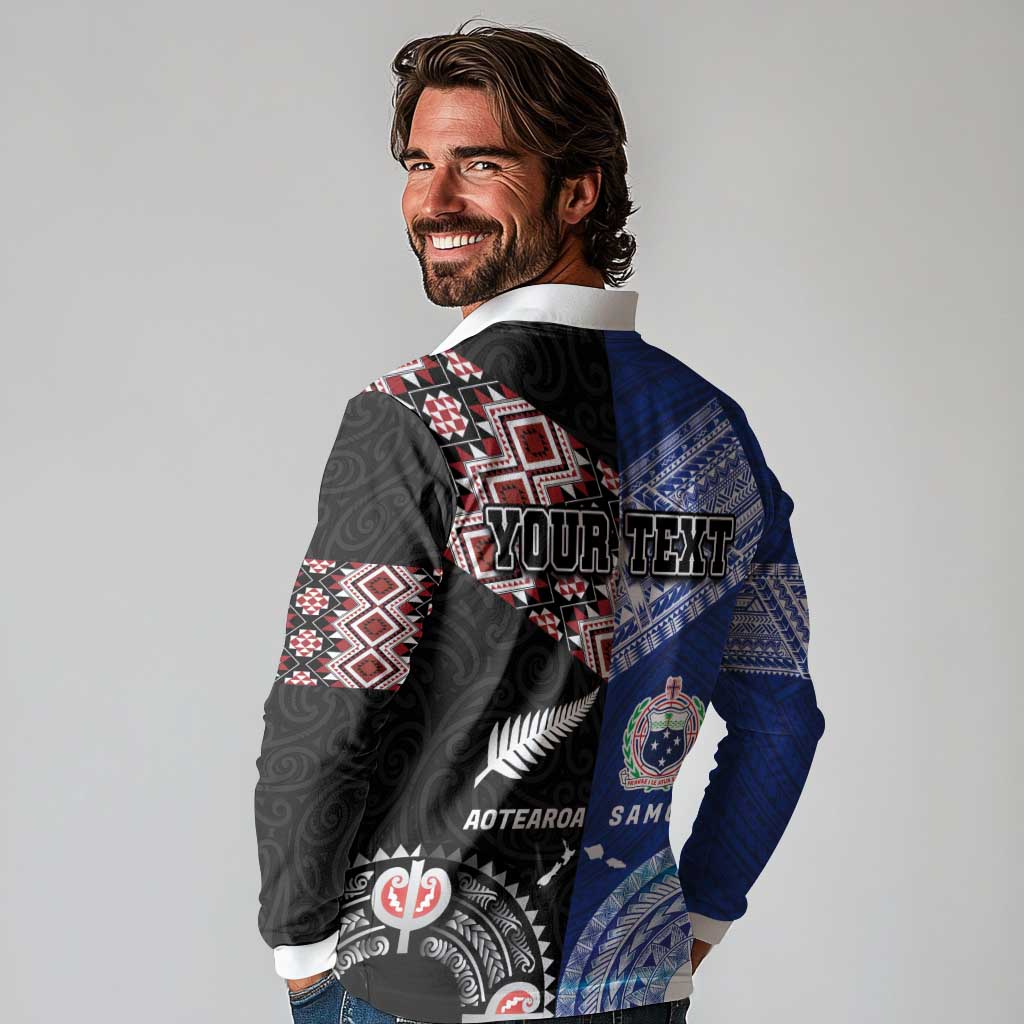 Personalised Aotearoa and Samoa Together Long Sleeve Polo Shirt Tatau Art Tattoos-Taniko and Tukutuku with Maori Pattern LT03 - Polynesian Pride