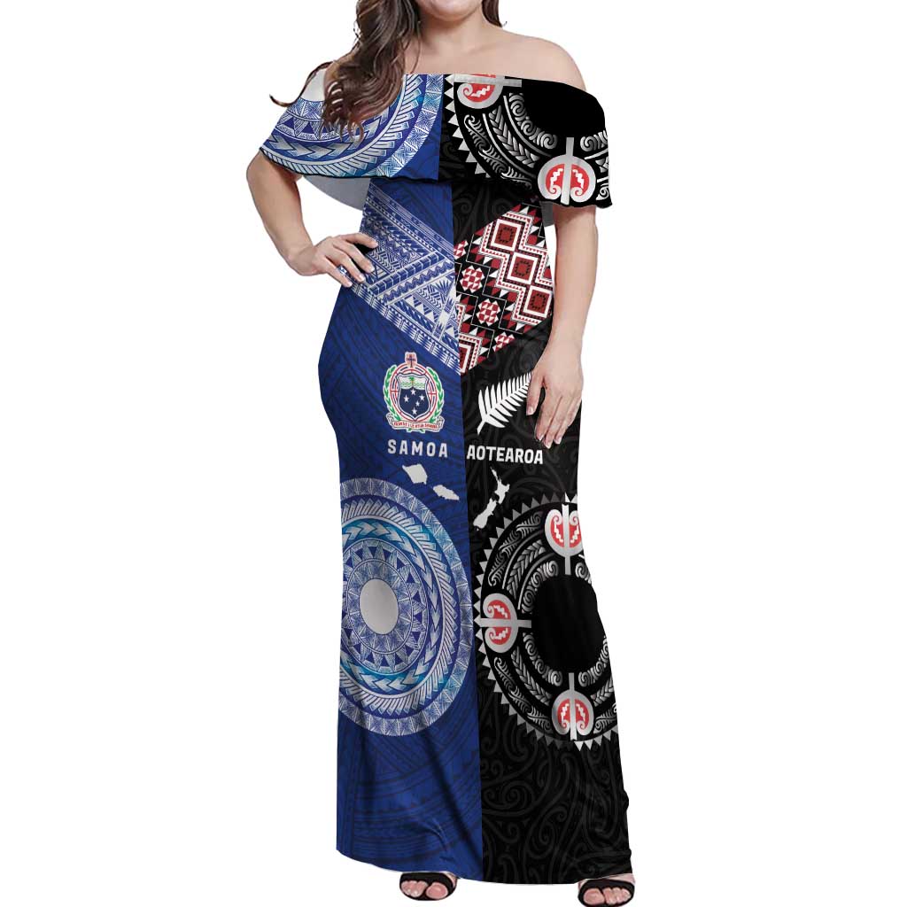 Personalised Aotearoa and Samoa Together Off Shoulder Maxi Dress Tatau Art Tattoos-Taniko and Tukutuku with Maori Pattern LT03 Women Black - Polynesian Pride