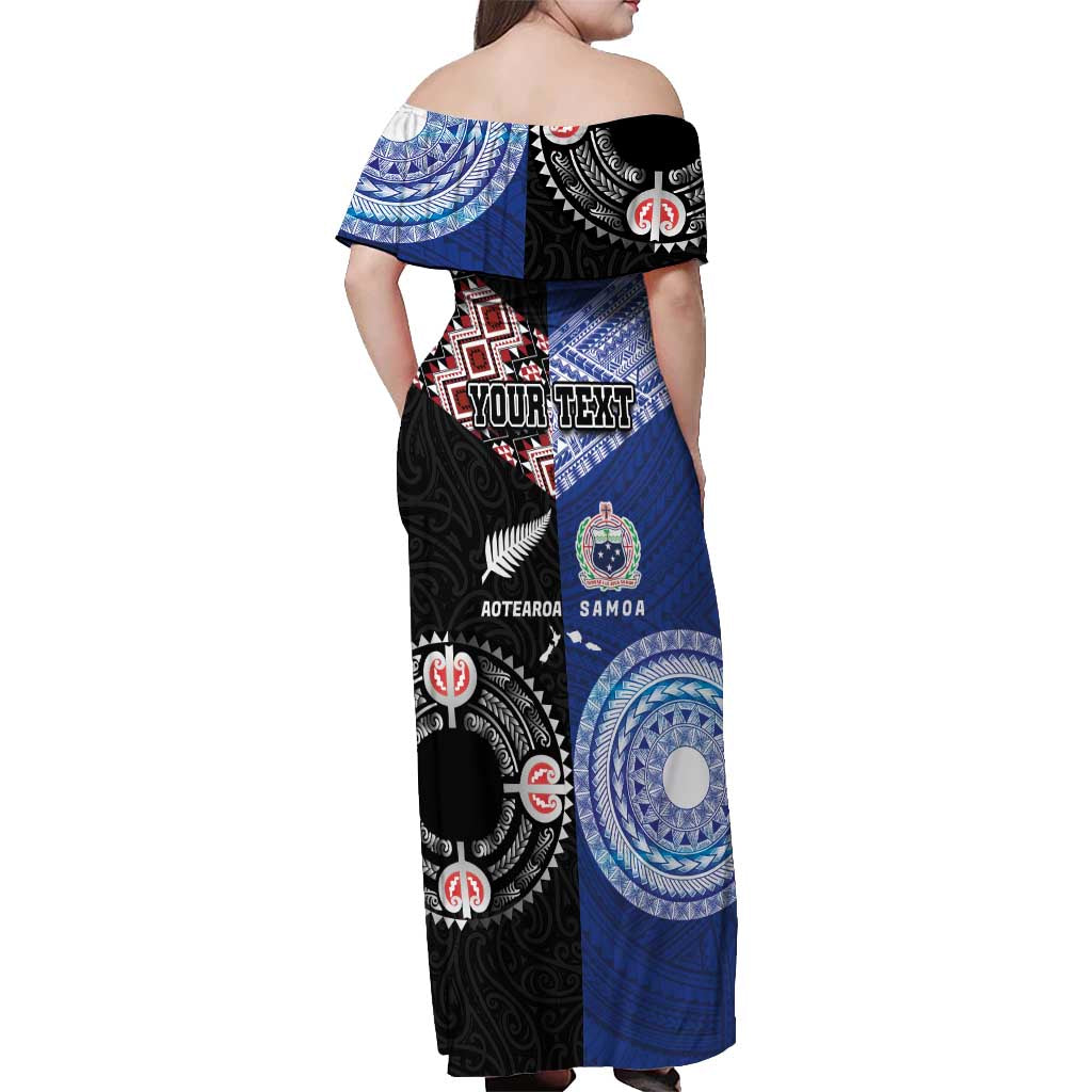 Personalised Aotearoa and Samoa Together Off Shoulder Maxi Dress Tatau Art Tattoos-Taniko and Tukutuku with Maori Pattern LT03 - Polynesian Pride