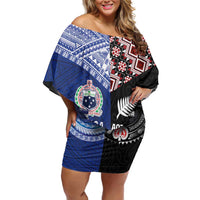 Personalised Aotearoa and Samoa Together Off Shoulder Short Dress Tatau Art Tattoos-Taniko and Tukutuku with Maori Pattern LT03 Women Black - Polynesian Pride