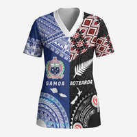 Personalised Aotearoa and Samoa Together Scrub Top Tatau Art Tattoos-Taniko and Tukutuku with Maori Pattern LT03 Adult Black - Polynesian Pride